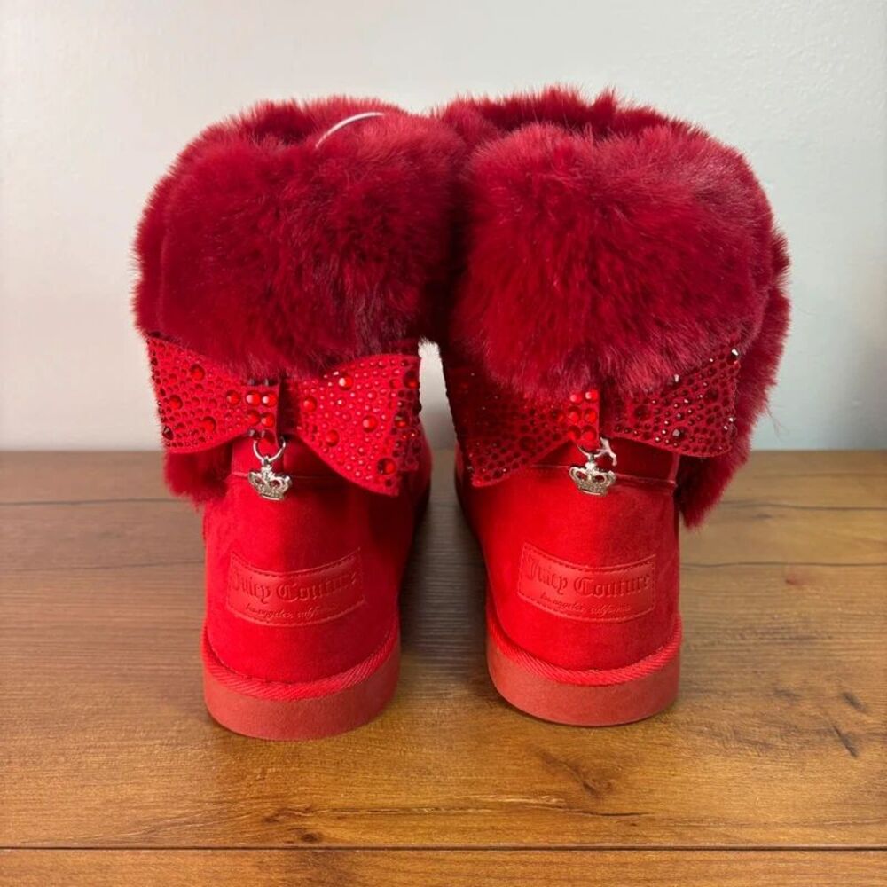 Juicy Couture Kizzy Red Faux Fur Ribbon Bow Ankle Boots NWT Womens 7 Y2K Revival